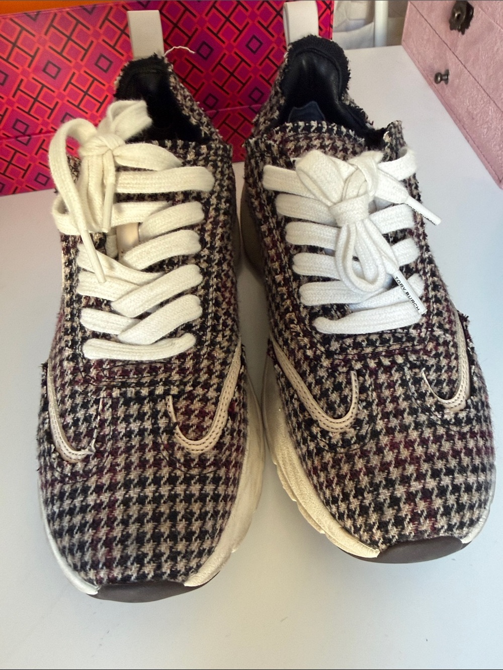 Tory Burch Tweed Houndstooth Lace-Up Sneakers in Black, White & Burgundy